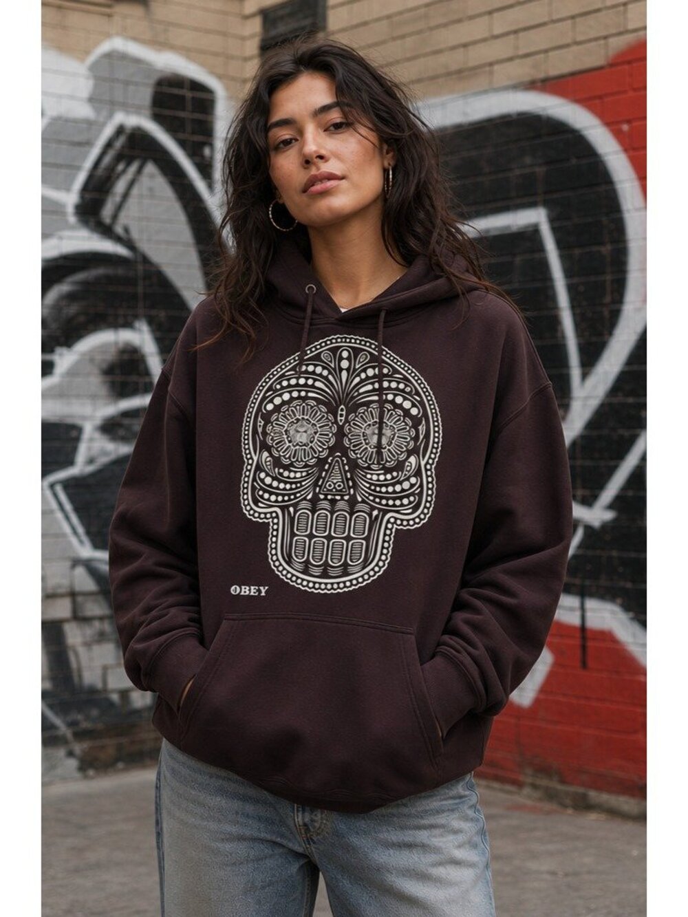 OBEY Large Plum Wine Sugar Skull Hoodie Urban Streetwear Art Graphic Sweatshirt